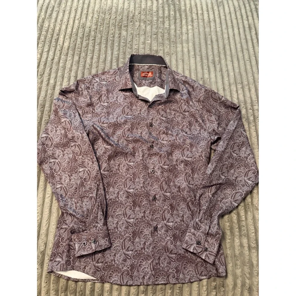 Consequence Mens Brown Paisley Long Sleeve Button Down Shirt Medium